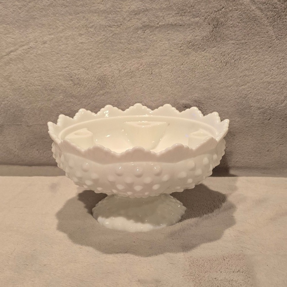 Vtg Fenton White Milk Glass Hobnail Epergne Base Scalloped Pedestal Candle Bowl